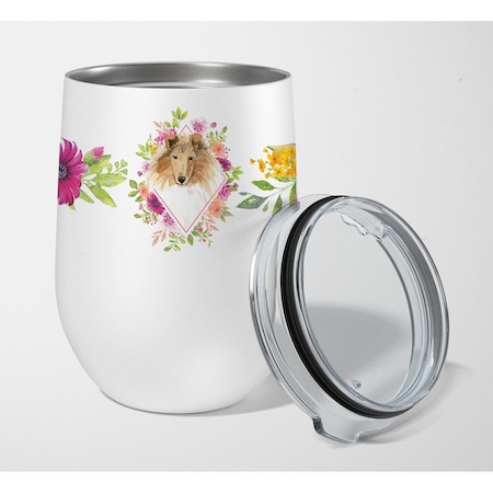 12 Oz Collie Pink Flowers Stainless Steel Stemless Wine Glass